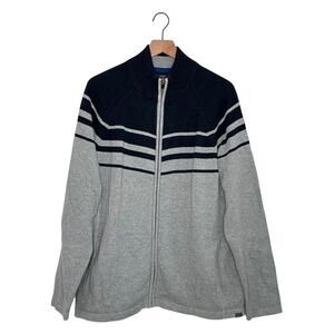 EDDIE BAUER Men's Cardigan Sweater Large Full Zipper 100% Cotton Gray Navy Blue